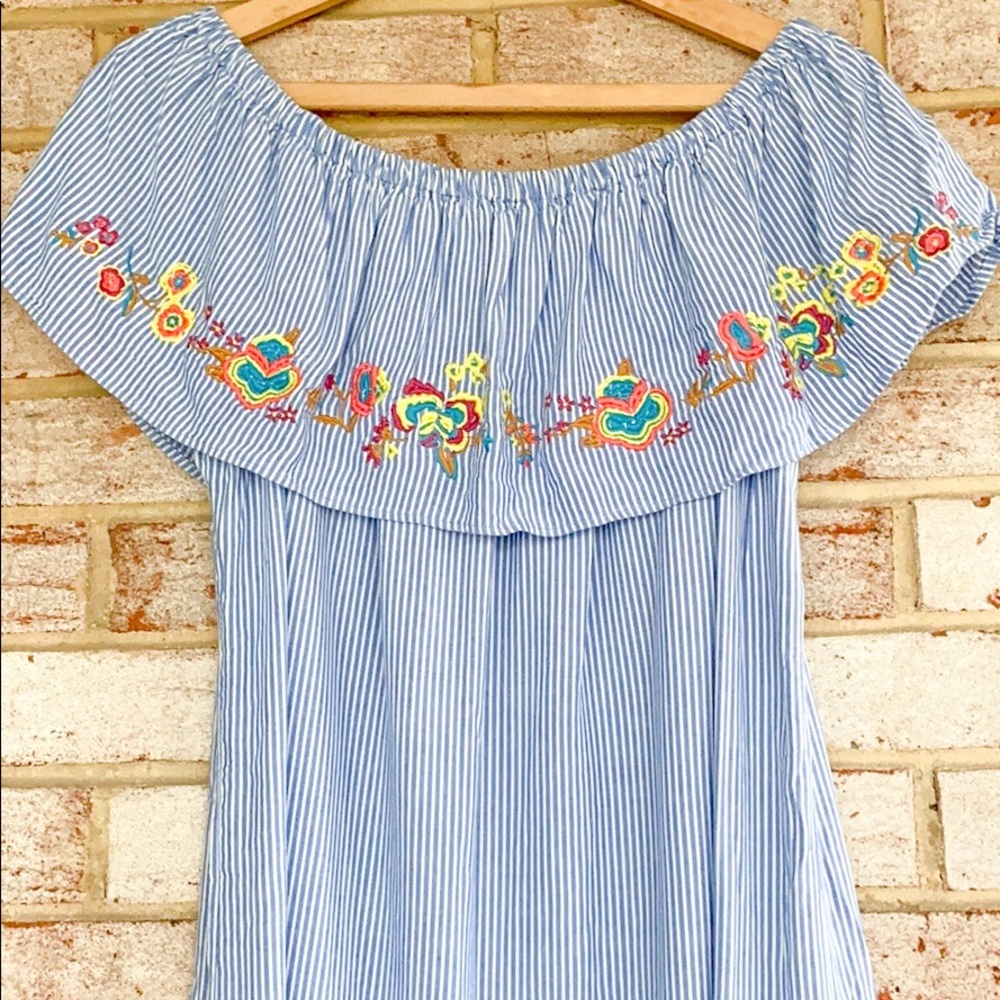 Love, Fire Blue/White Striped Embroidered Dress XL